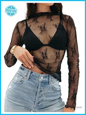 Mesh Sheer Lace Long Sleeve Mock Neck Blouse Top